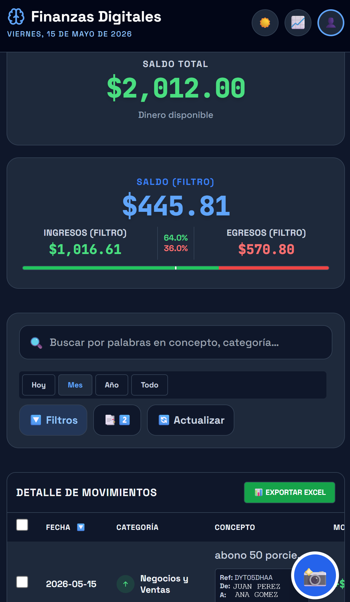 Vista de tabla: movimientos con filtros y paginación.