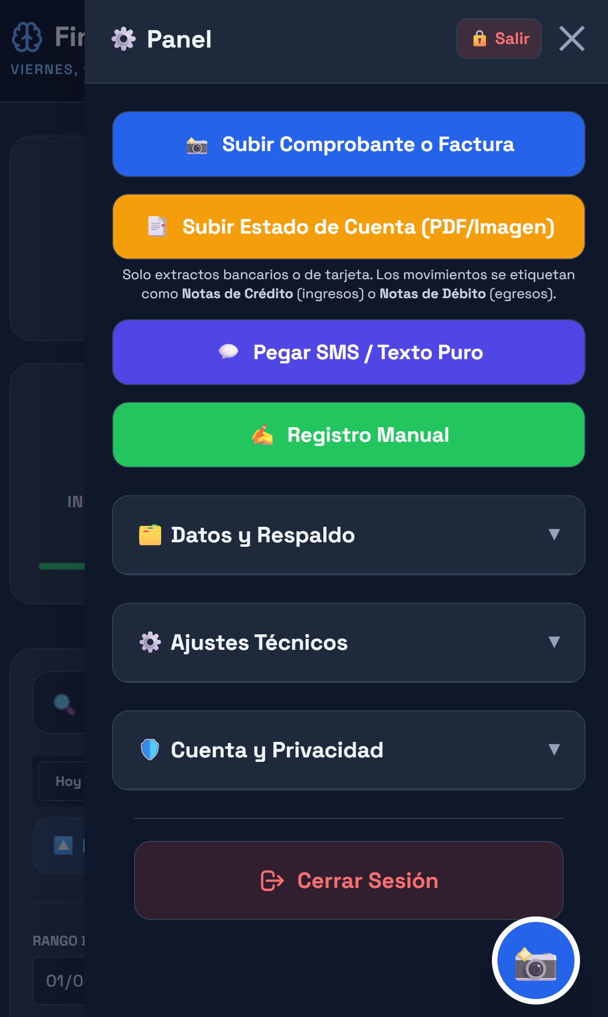 Panel de resumen con totales y vista general del estado.